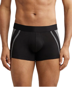 Boxers noirs pour hommes avec bandes latérales grises, taille élastique, respirants, tricotés, style décontracté - Product Image 1
