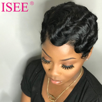 ISEE Promotion Coupe Pixie Carré Court Perruques Bouclées Sans Colle Lace Front Pré-Épilé Perruque Pixie Cheveux Humains
