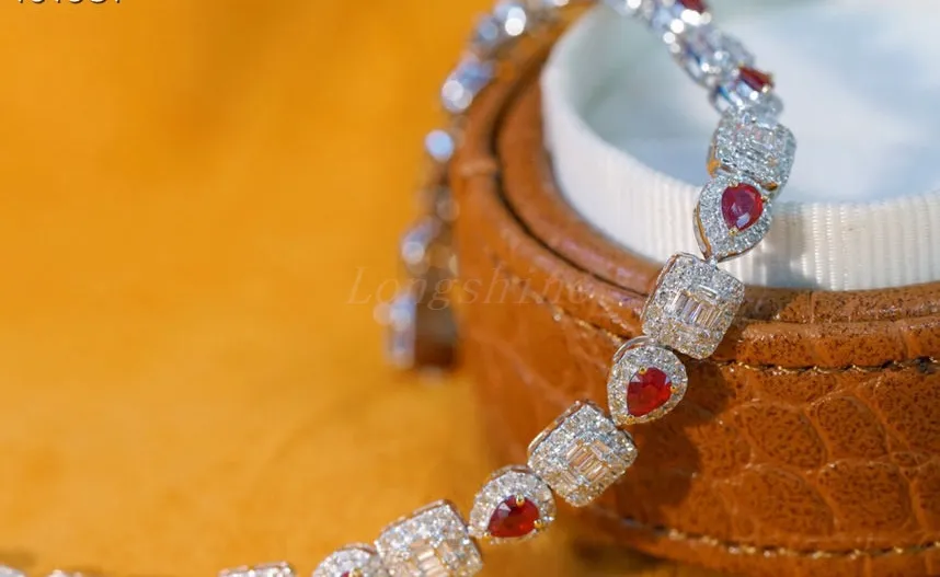 18K Gold Shining Diamond Pear Shape Ruby Combine Baguette Diamonds square bracelet