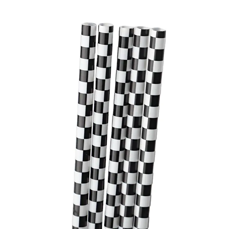 Hot Sales 2022 reusable hard plastic printed straws decorative design 9 10 inches white & black checkered straws