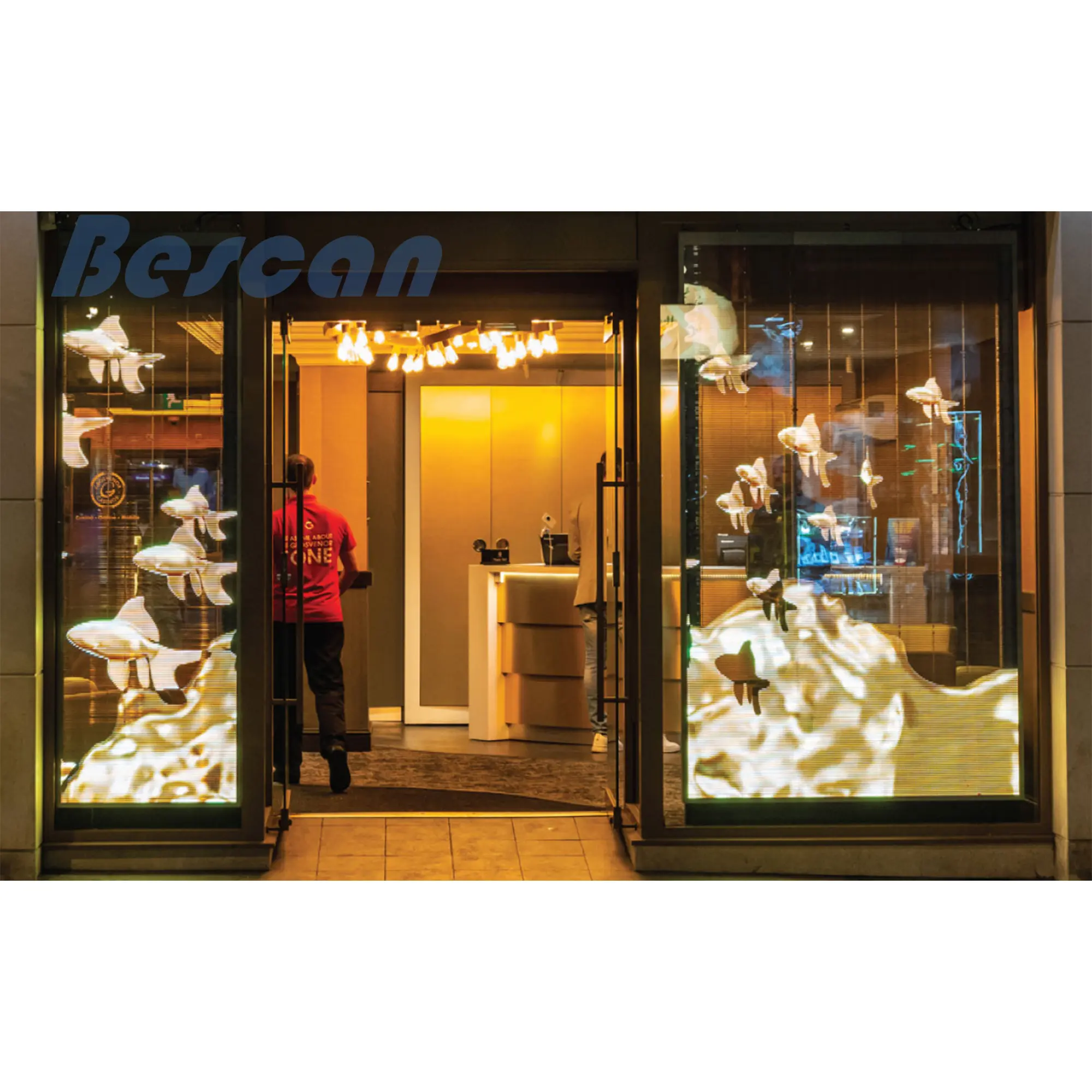Bescan屋内固定ガラス窓広告高透明度明るさビデオウォールシステム透明LEDディスプレイスクリーンパネル