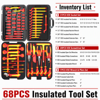 Ensemble d'outils isolés VDE 68 pièces, kit d'électricien haute tension 1000V, tournevis isolés, pinces et jeu de douilles