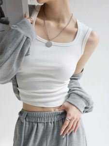 Camiseta sin mangas transpirable con cuello en U para mujer, top corto de verano, ajustado, de punto acanalado, de algodón liso - Product Image 5