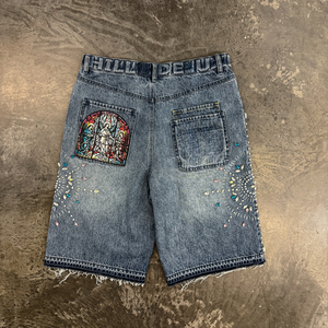 Celana Pendek <span class=keywords><strong>Denim</strong></span> Pria Streetwear Hip Hop Kristal Rhinestone Raw Edge Hem Custom Jorts Baggy 100% Katun Retro Distressed - Product Image 4