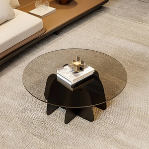 Table basse ronde moderne avec plateau en verre et base en bois brun + buff, meubles décoratifs pour salon - Product Image 4