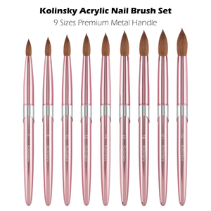 Ensemble de pinceaux à ongles en acrylique Kolinsky de qualité supérieure, 9 tailles, rose bonbon, manche en métal cristal, pour manucure en salon - Product Image 1