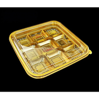 Barquette en plastique dorée carrée à 9 compartiments avec couvercle plat transparent, boîte d'emballage jetable en PET pour gâteaux de lune et desserts