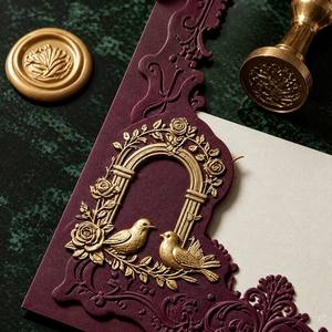 Juego de Tarjetas de Invitación de Boda Personalizadas, Sobre Color Borgoña, Corte Láser, Arco Dorado, Sello de Cera en Relieve, <span class=keywords><strong>Perla</strong></span> - Product Image 4