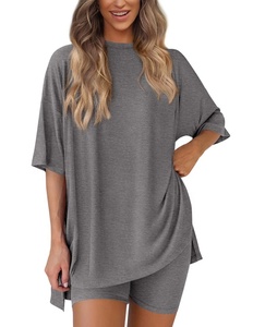 Conjunto de Pijama de Dos Piezas para Mujer, Talla Grande, Informal, Color Sólido, Suave, de Poliéster y Elastano, Estilo Relajado, Transpirable, para Primavera/Verano - Product Image 4