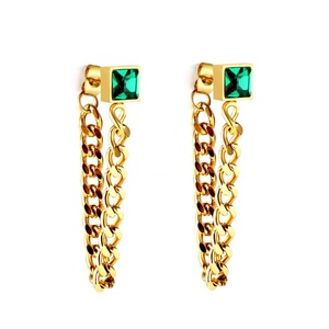 Pendientes de Cadena Largos de Acero Inoxidable con Borla Cuadrada Verde y Circonita, Chapados en Oro Amarillo de 18k, Joyería de Moda para Fiesta, Regalo - Product Image 1