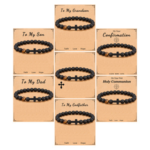 Regalos de Año Nuevo, Joyería para Hombre, Pulsera con Tarjeta, Pulsera Religiosa Cristiana de Ágata Natural Mate con Cruz para Hijo y Padre - Product Image 2