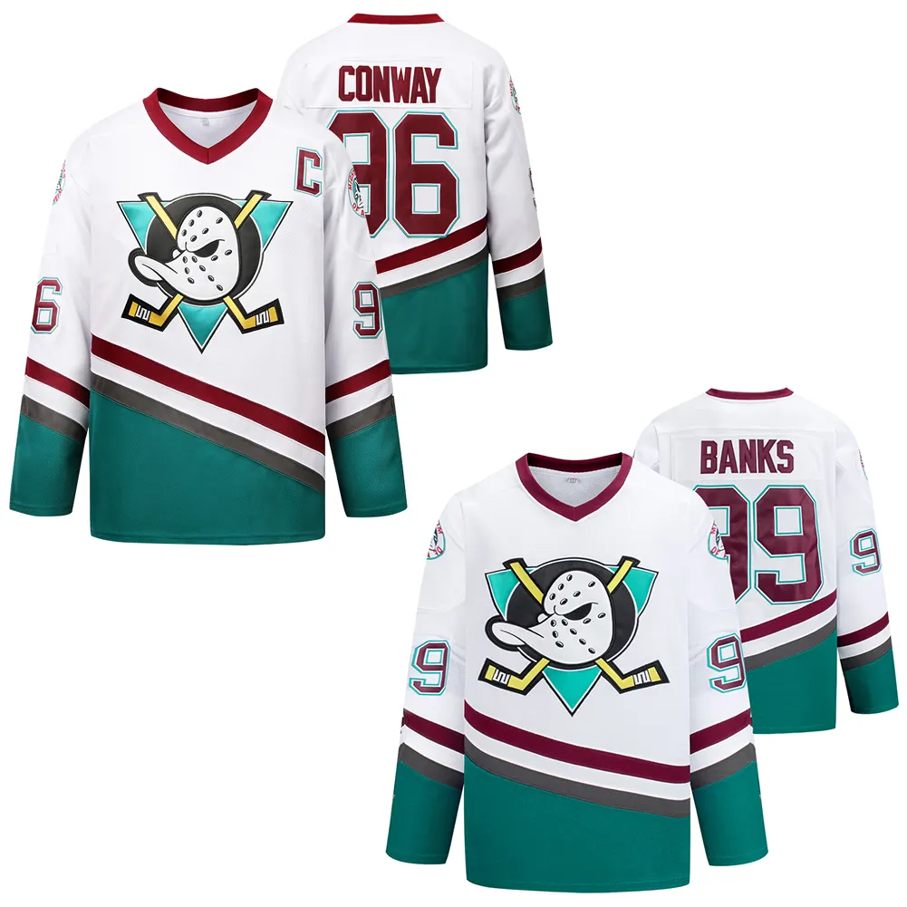 Charlie Conway #96 Mächtige Enten Adam Banks #99 Film Eishockey Trikot Weiß
