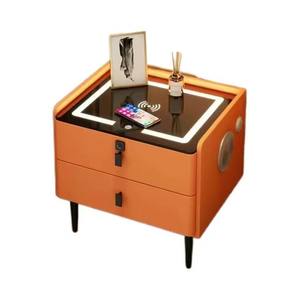 Mesita de Noche de Madera Maciza con Carga Inalámbrica y Luz - Diseño Moderno con Superficie de Vidrio para Dormitorio, Baño y Sala de Estar - Product Image 1