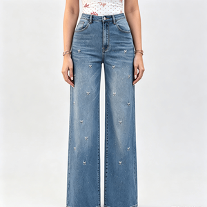 Jeans de Moda para <span class=keywords><strong>Mujer</strong></span>, Corte Recto y Amplio, Azul, Elásticos, de Algodón Suave, Estilo Casual Europeo - Product Image 1