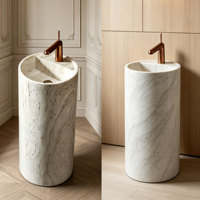 Lavabo sur pied rond minimaliste en marbre blanc personnalisé, lavabo en pierre naturelle polie pour salles de bain de luxe