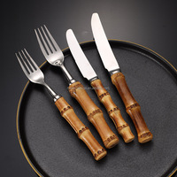 Lot de 24 couverts en acier inoxydable et bambou vintage-Fourchette cuillère en argent pour repas, camping et nourriture pour bébé pour cadeaux.