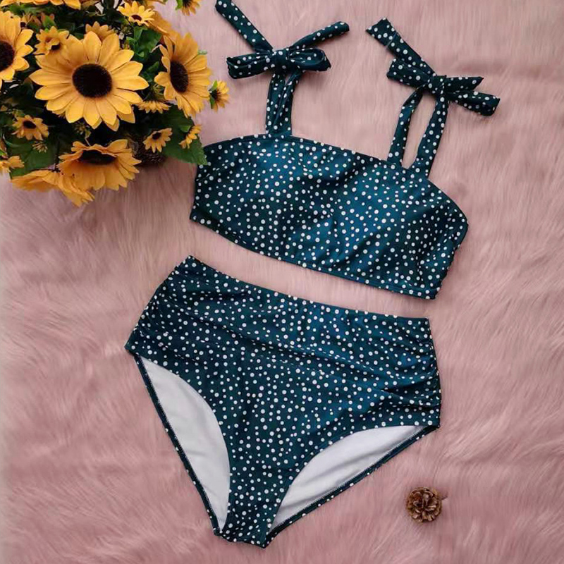 Plus Size Women Dot Green Vintage Bikini Tie Straps High Waisted Women Recycled Nylon Ladies Bathing Suit
