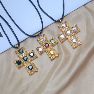 Women's European and American Style Trendy Necklace 18K Copper Hammered Cross with Zircon Pendant Bamboo <b>Chain</b> Colorfast Jewelry - Product Image 1