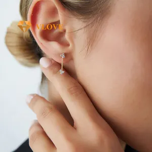 VLOVE anting-anting berlian modis perhiasan emas padat anting-anting berlian batang vertikal 14k