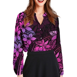Chemisier personnalisé de style polynésien pour femme, col en V, chemise décontractée à manches longues, imprimé tropical hawaïen, hauts habillés d'été - Product Image 1