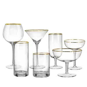 Wholesale Cheap Hand Blown Optic Goblet Juice Glass Crystal Ribbed Wine Glass Cup Iced Tea Glass With Gold Rim For Party Wedding