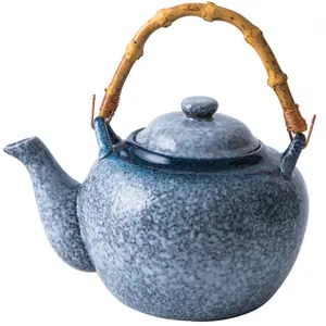 Grosir ketel keramik teko teh dengan pegangan rotan untuk dekorasi rumah yang dilukis dengan tangan Pot teh tembikar Set UNTUK RESTORAN