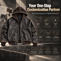 Blouson Bomber Homme Personnalisé en Similicuir Délavé Vintage avec Capuche, Fermeture Éclair, Effet Vieilli, Imperméable, Style Streetwear