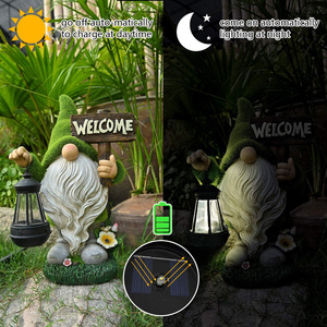 Resin <strong>Large</strong> Flocked Welcome <strong>Gnome</strong> with Lantern Solar Powered LED Welcome Sign Outdoor Decor <strong>Garden</strong> Light - Product Image 4