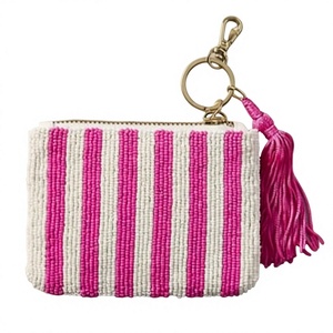 Beaded Stripe <b>Coin</b> <b>Purse</b> Mini Zipper Closure Handmade Bohemian Style Tassel Keychain Accessory - Product Image 1