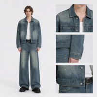 Ensemble 2 pièces homme hiver en denim tricoté thermique imprimé numérique, effet éclaboussures de peinture, délavage vintage, vente en gros