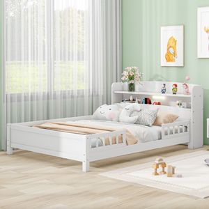 White Full-Size Wood Platform <b>Bed</b> for Kids Built-In LED Light Storage Headboard Guardrail - Product Image 3