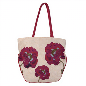 High Quality <b>Canvas</b> <b>Tote</b> Bag With Purple Floral Print Red Trim All Seasons Shopping Bag From India Available At Wholesale Price - Product Image 1