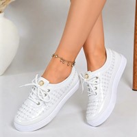 Neue Trendige Damen-Sneaker aus Mikrofaserleder mit Perlenakzenten, Flache Schnürschuhe für Mode, Party und Freizeit