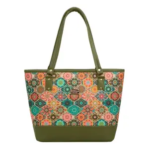 Bolso Tote de Yute para Mujer Fana Ethan, Color Verde Oliva, Diseño Floral, Forro de Lona, Estilo Bohemio, Uso Diario - Product Image 1