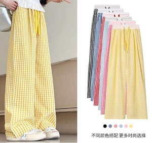 Pantalon droit décontracté d'été pour femme, à motif écossais texturé, taille mi-haute, coupe ample et fluide, style large et décontracté, effet dopamine - Product Image 5