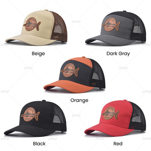 Gorro de camionero Snapback de algodón clásico de 7 paneles con parche de cuero personalizado Fish <span class=keywords><strong>Path</strong></span> Gorras de béisbol de malla ajustable para hombre - Product Image 2