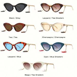 Gafas de Sol de Moda 2021, Retro, con Decoración de Cadena, Color Leopardo, Negro Champán, Gafas de Sol Pequeñas de Ojo de Gato para Mujer - Product Image 5