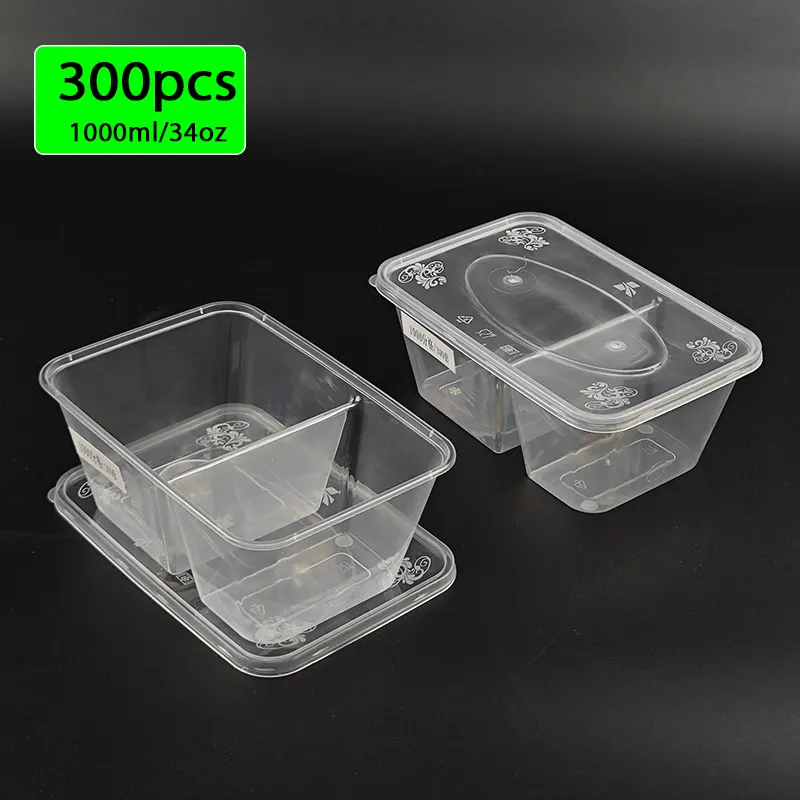 300 Stück 2 Fach 1000 ml 34 Unzen transparente Mikrowellenverpackungsbox mit Deckel transparenter Einweg-Lebensmittelbehälter