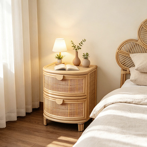 Table <span class=keywords><strong>de</strong></span> chevet ronde en rotin naturel à 2 tiroirs, tressée, style bohème méditerranéen, pour Israël - Product Image 2