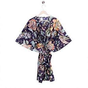 Kaftan indien fait main 100% coton, imprimé oiseaux, robe maxi décontractée été et automne, kaftan court en coton doux - Product Image 1