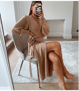 Abito Lungo Avvolgente in Maglia per Donna, Autunno Inverno, Oversize Elegante, Vestito <span class=keywords><strong>da</strong></span> <span class=keywords><strong>Giorno</strong></span> Sexy con Scollo a V, Abbigliamento Femminile per le Vacanze - Product Image 1