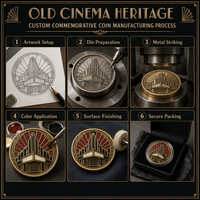 Pièce de monnaie commémorative personnalisée en métal, style Art Déco, avec relief 3D, thème Cinéma Ancien Héritage, avec boîte en velours de luxe, sans MOQ, vente en gros
