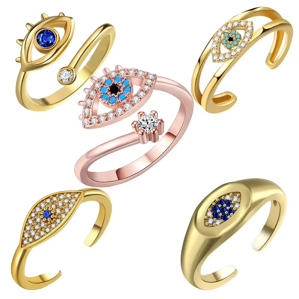 Evil eye open zircon 18k gold plated ring jewelry cz cubic zirconia diamond adjustable rose gold ring for men women