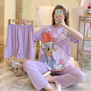 Popüler pijama kadın yaz süt ipek kısa kollu pantolon ve şort Internet ünlü sevimli salonu üç parçalı takım