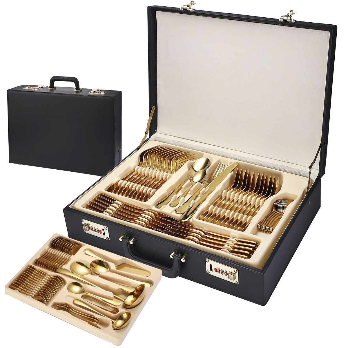 84 шт., Западная Посуда из нержавеющей стали, столовые приборы класса люкс, набор столовых приборов с черной кожаной коробкой