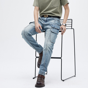 Jeans moto à poches multiples pour hommes, pantalon de motard de rue haute, blanc cargo, <span class=keywords><strong>jean</strong></span> slim stretch <span class=keywords><strong>beige</strong></span> avec fermeture éclair - Product Image 3