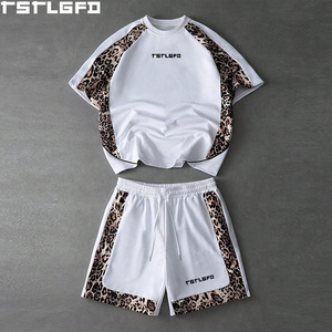 Custom Leopard Print Short <b>Set</b> Colorblock Raglan Sleeve Streetwear Heavyweight Two Piece T-Shirt Shorts <b>Set</b> Wholesale - Product Image 1