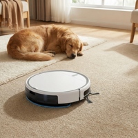 Aspirateur robot avec filtre HEPA, recharge automatique, assistant vocal, fonction de dessin, construction en plastique pour usage en garage