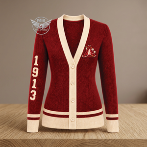 DST Custom Design <b>Women</b> Red Collarless Knitted <b>Cardigan</b> 1913 Embroidery Button Vintage Preppy Style Full Sleeve Winter Sweater - Product Image 3