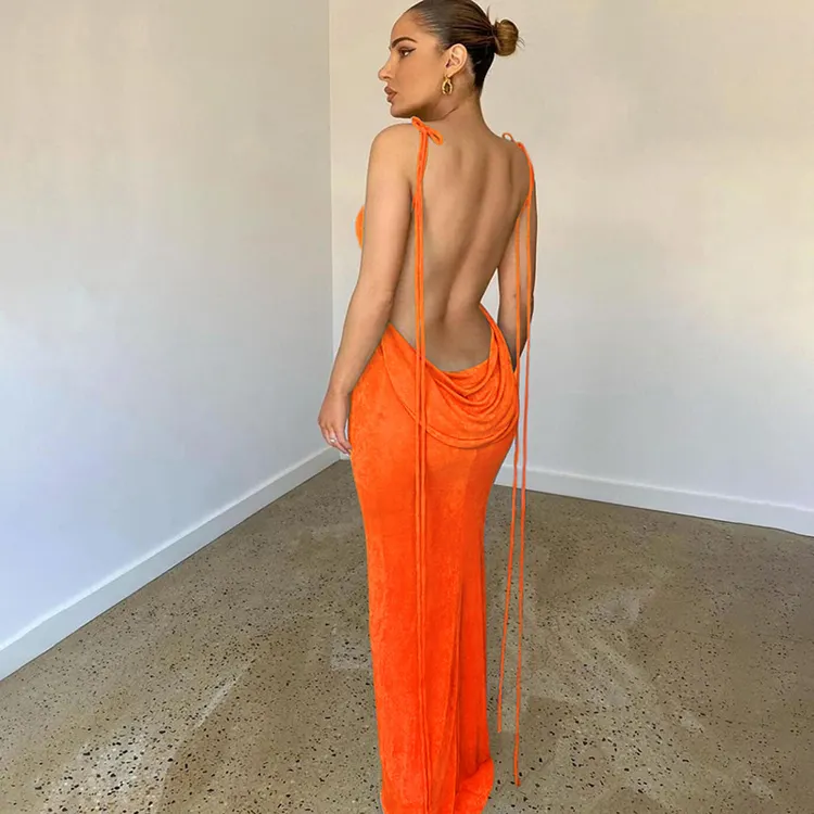 New Fashion Orange Loose Lace Up Spaghetti Strap Vestidos Largos Sexy Backless Elegant Casual Dresses
